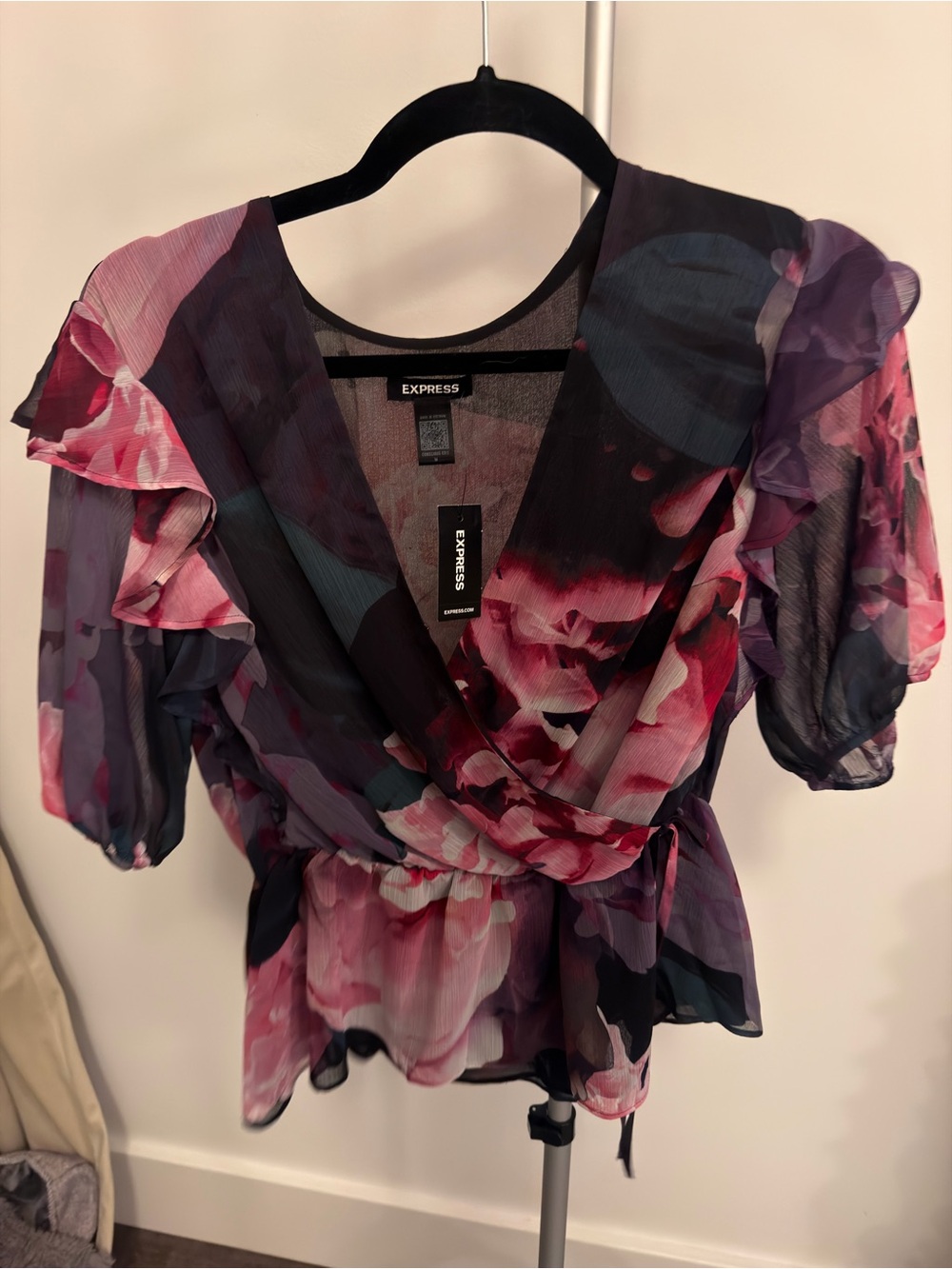 Express Floral Wrap Blouse in Pink and Purple